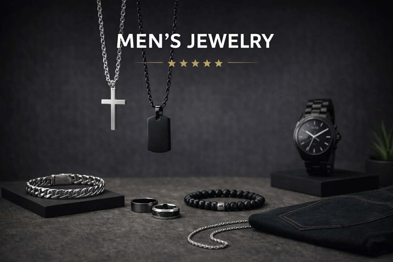 Men’s jewelry collection featuring chain necklaces, rings, bracelets, and stylish accessories for modern men