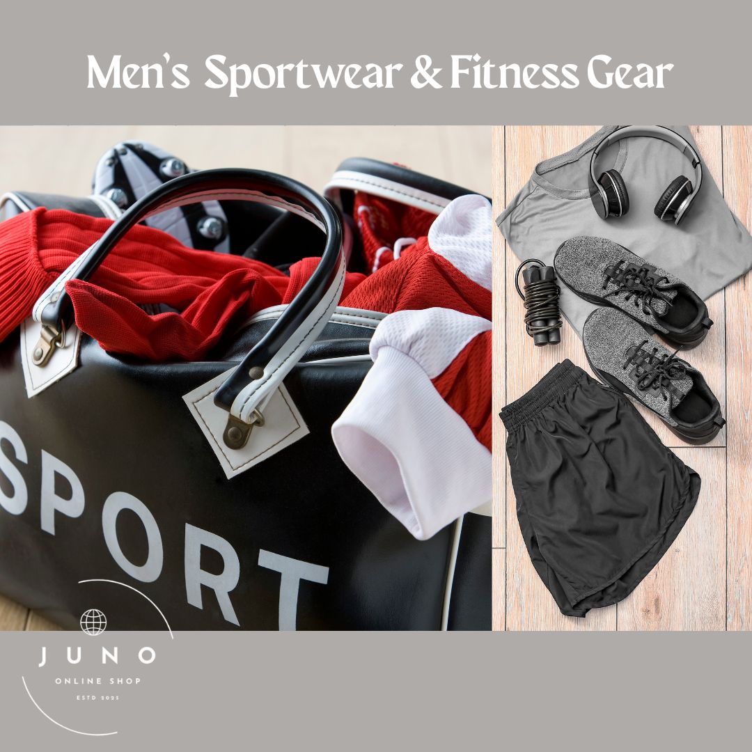 Monochrome sports icons showing a kettlebell, water bottle, basketball, and athletic shoe — representing Juno’s Sportswear & Fitness Gear collection.