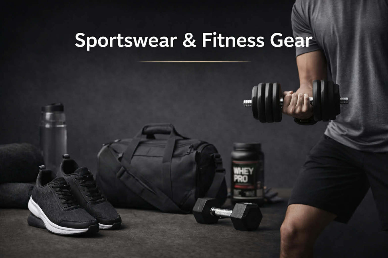 Men’s sportswear and fitness gear including training shoes, gym bag, dumbbells, and workout essentials