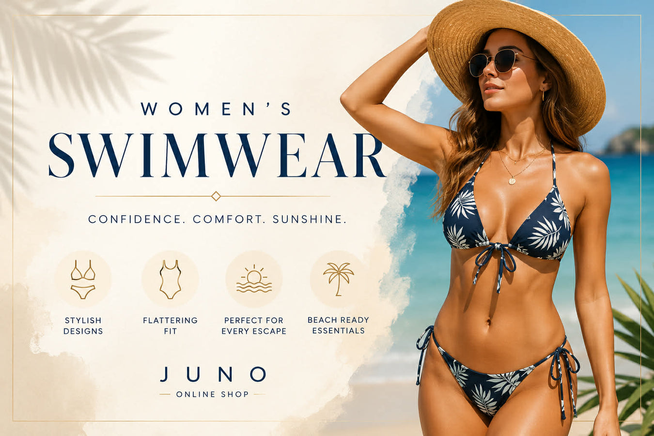 Women’s Summer Swimwear collection featuring stylish bikinis and one-piece swimsuits for beach vacations and summer fashion at Juno Online Shop.