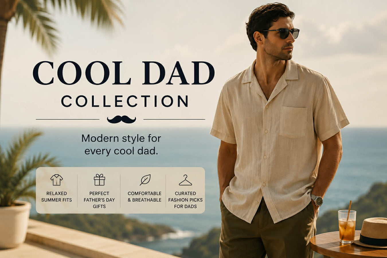Cool Dad Collection banner featuring a stylish man wearing a beige Cuban collar summer shirt with sunglasses by the seaside, promiting modern Father's Day fashion and relaxed summer outfits for dads.