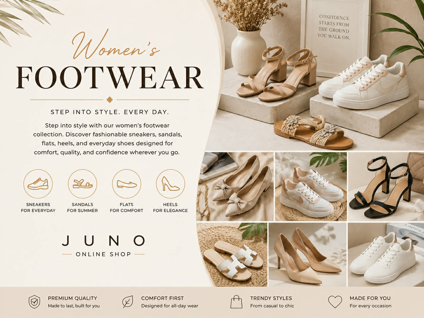 Women’s footwear collection featuring stylish sneakers, sandals, flats, heels, and casual shoes at Juno Online Shop.