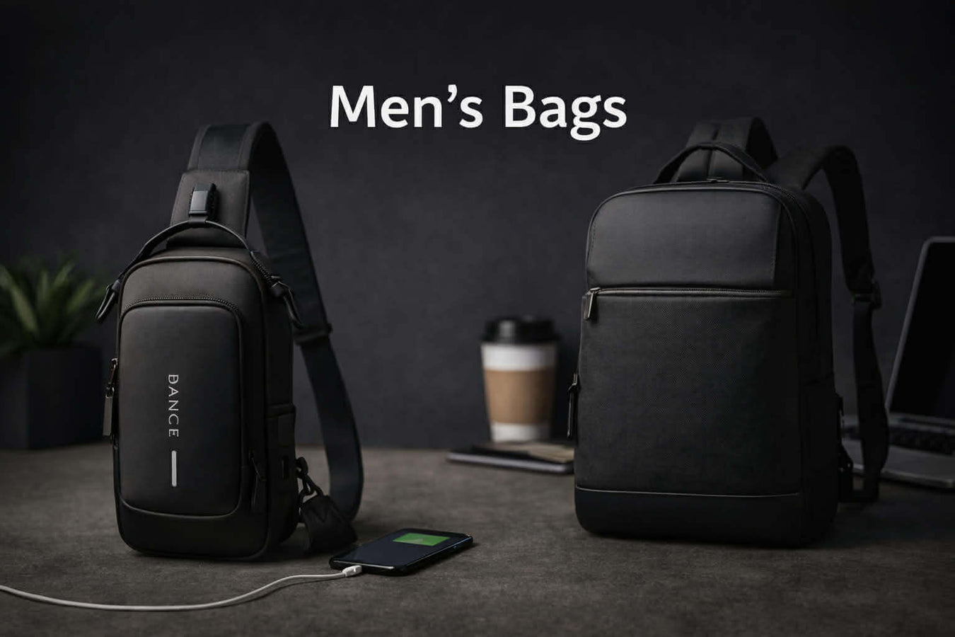 Men’s bags collection featuring anti-theft sling bag and minimalist backpack for everyday use