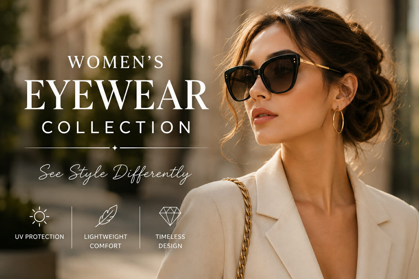 Women’s fashion eyewear collection featuring stylish sunglasses designed for modern women with UV protection and elegant everyday style.