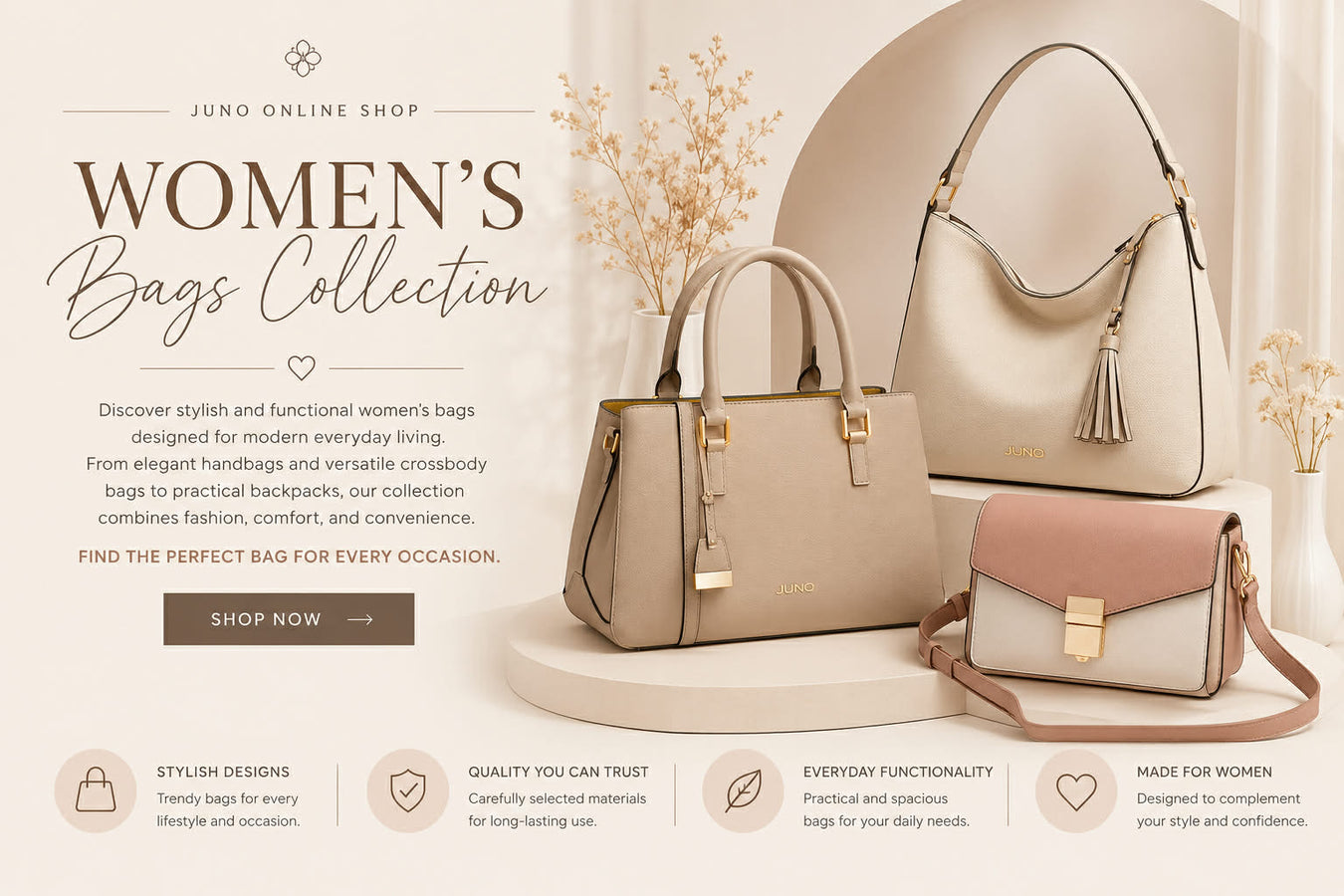 Juno Online Shop Women’s Bags Collection featuring elegant handbags, crossbody bags, shoulder bags, and stylish everyday accessories for modern women.