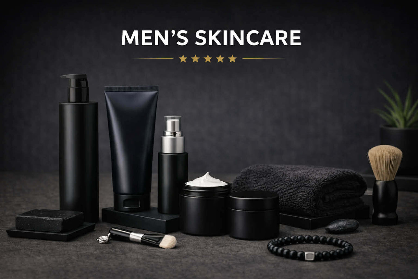 Men’s skincare collection featuring face wash, moisturizer, grooming essentials, and daily skincare products