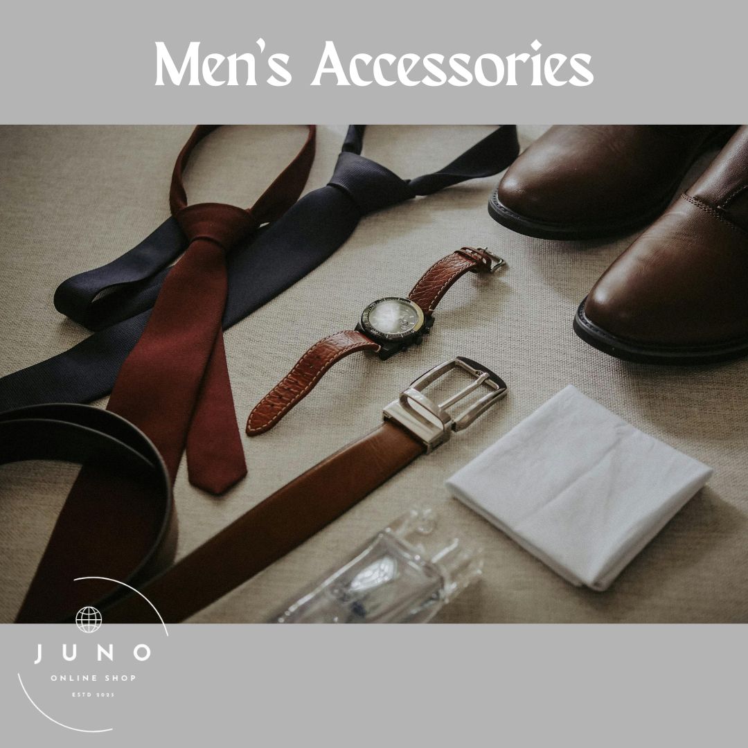 Vector icons of men’s accessories including a cap, wallet, sunglasses, and belt used for the JUNO Men’s Accessories collection image.