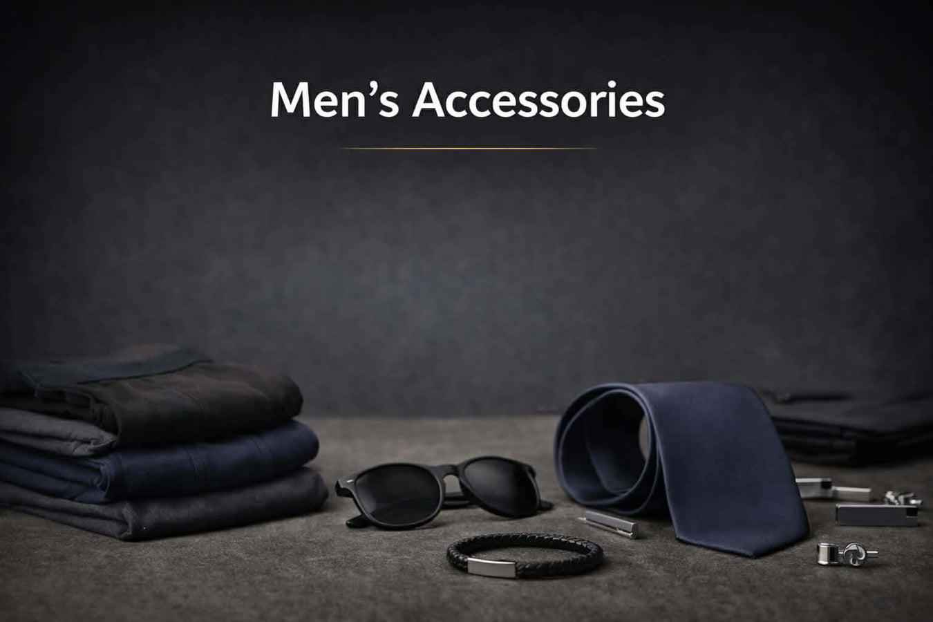 Men’s accessories collection including sunglasses, necktie, tie clips, cufflinks, and everyday essentials