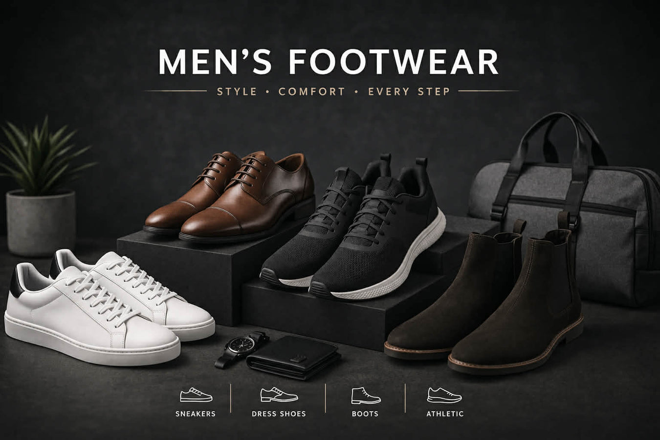 Men’s footwear collection featuring sneakers, dress shoes, boots, and casual shoes for everyday style