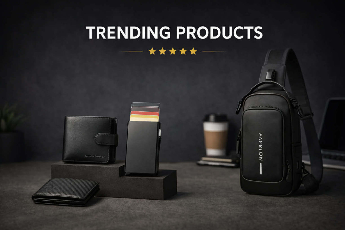 Trending men’s accessories featuring RFID wallet, pop-up card holder, slim wallet, and anti-theft sling bag