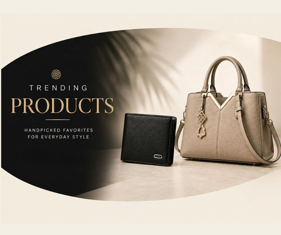 Trending products banner featuring a premuim men's leather wallet and elegant women's handbag at Juno Online Shop.