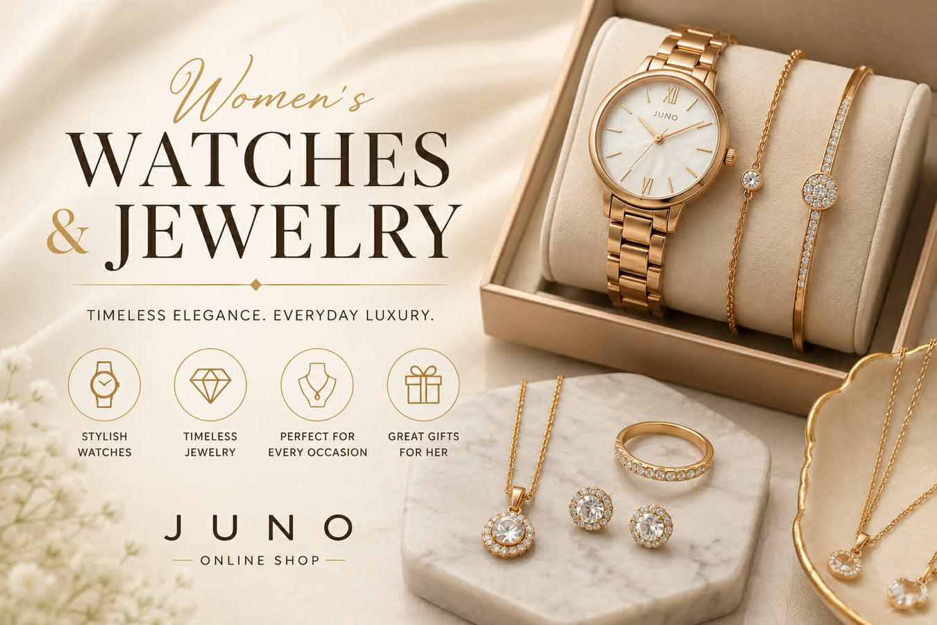 Women’s watches and jewelry collection featuring elegant timepieces, necklaces, bracelets, and fashion accessories at Juno Online Shop.
