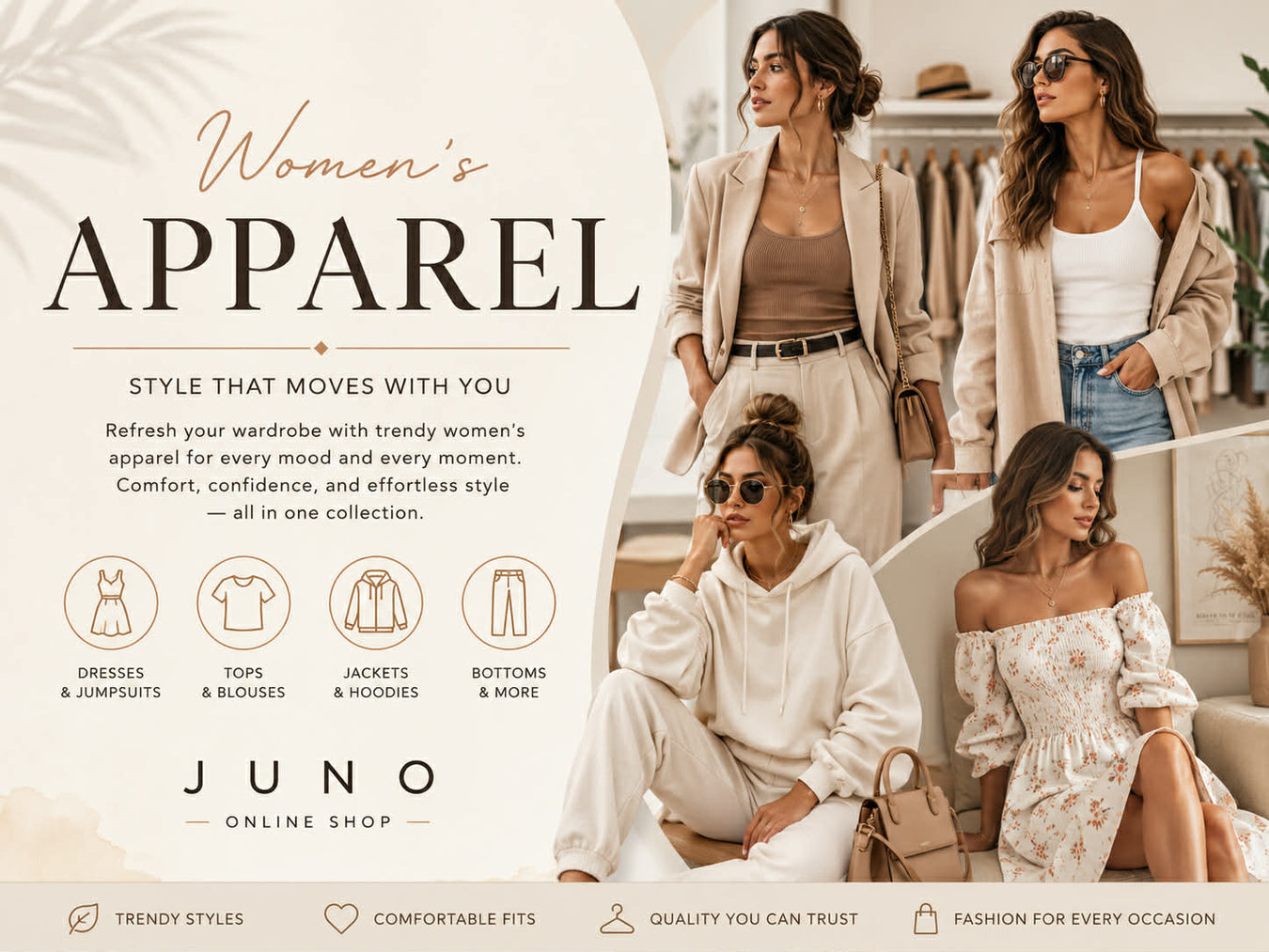 Women’s apparel collection featuring dresses, tops, jackets, hoodies, and everyday fashion at Juno Online Shop.