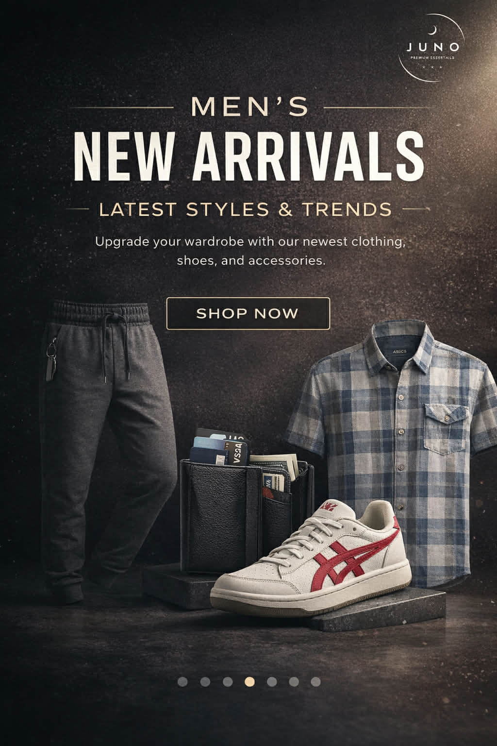 Men’s new arrivals featuring joggers, plaid shirt, and white sneakers for modern casual style