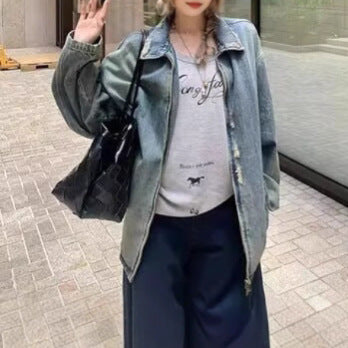 Distressed Ripped Denim Jacket Women Casual Loose  Vintage Jacket Top