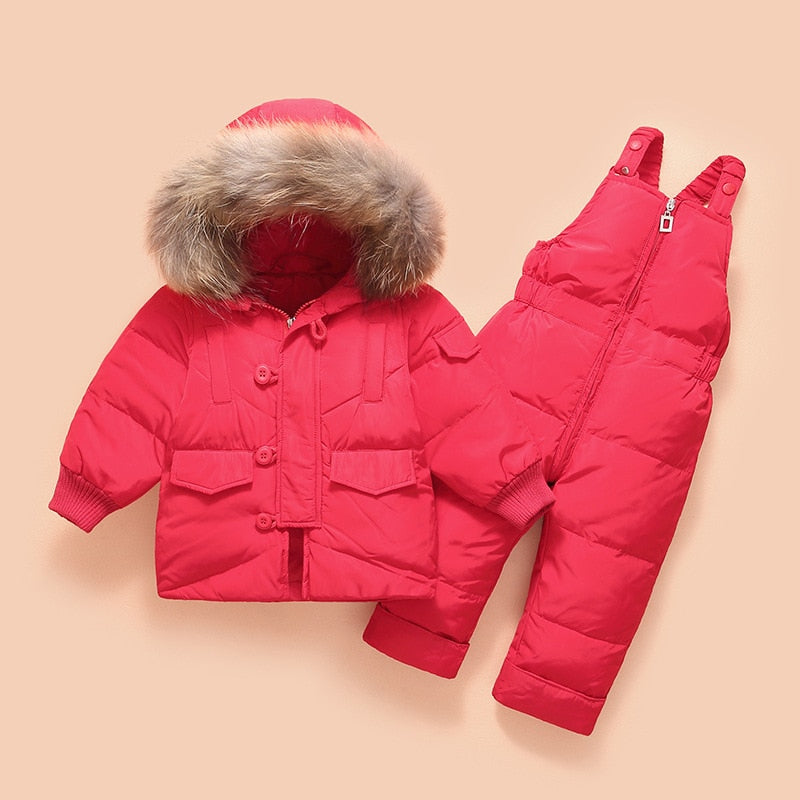 Children's baby  Down Jacket with Big Fur Hood 4 Solid Colors with Zipper kids Down Jacket Set 2pcs