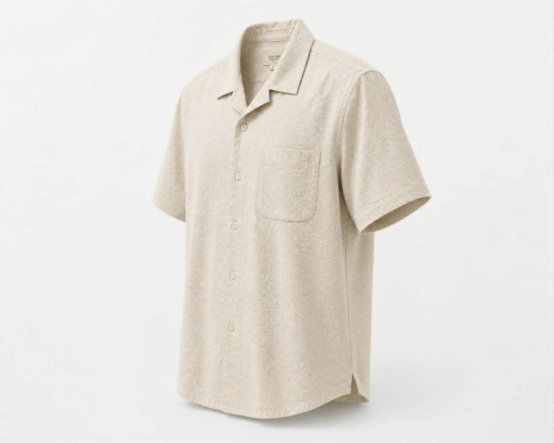 Men's loose fit short sleeve button-up shirt in beige with chest pocket and breathable fabric