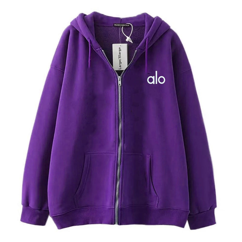 Alo Women's Personality Print Zip-Up Hoodie Loose Casual Long Sleeve Hooded Sweatshirt Sporty Style