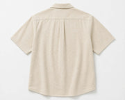 Back view of men's loose fit short sleeve shirt in beige with relaxed fit design.