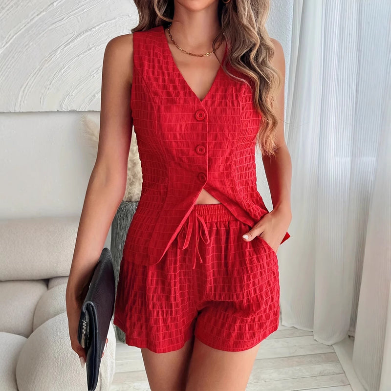 Simple Button Sleeveless Top and Shorts Fashion Set for Women