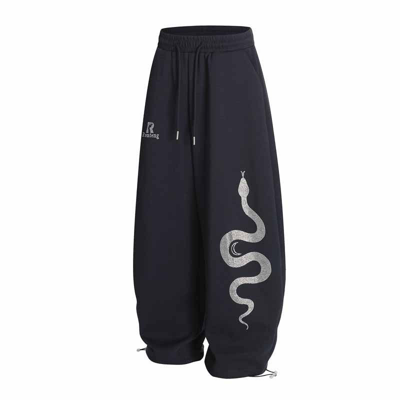 Retro Rhinestone Snake Print Casual Pants Men Street Loose Sport Sweatpants Jazz Hip-Hop Dance Pants