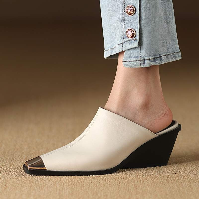 Baotou half slippers women's summer lazy mules genuine leather high-heeled single shoes evening evening style heelless women's s