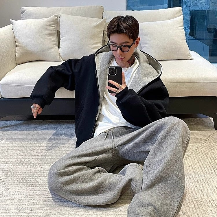 Double zipper hooded sweatshirt jacket for men