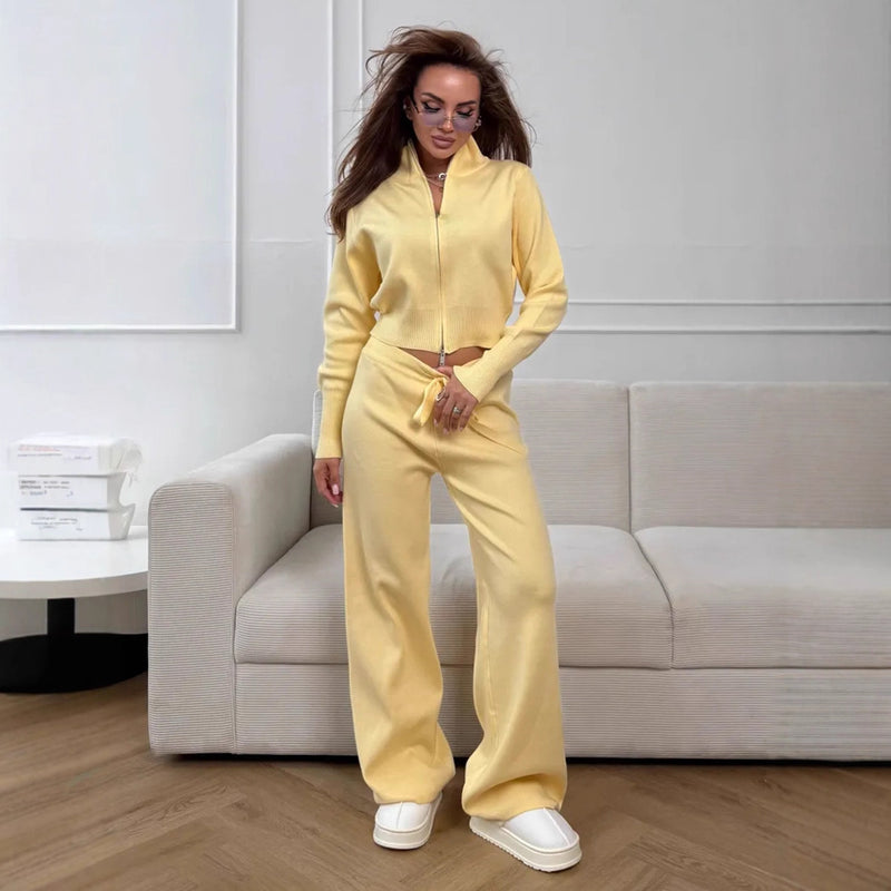 Double zipper knitted slim sweater set