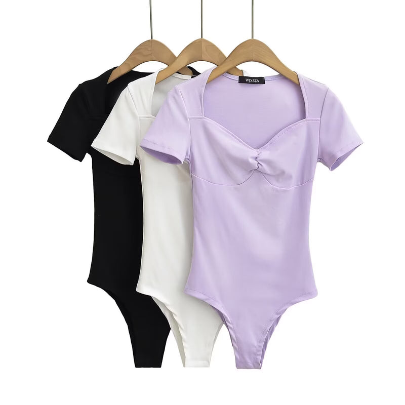 Ballet Style Short Sleeve New Top for Women, Knotted V-Neck Short Bodysuit