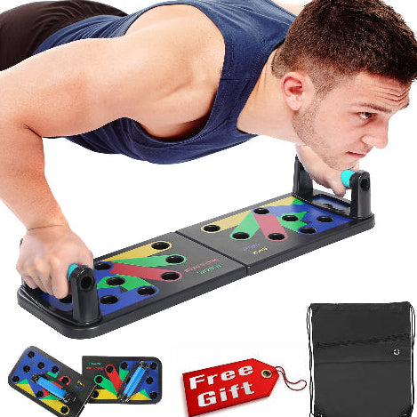 Man doing push-up using the foldable multi-color push-up board.