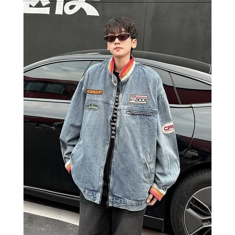 Vintage stand up collar vintage couple denim jacket for men