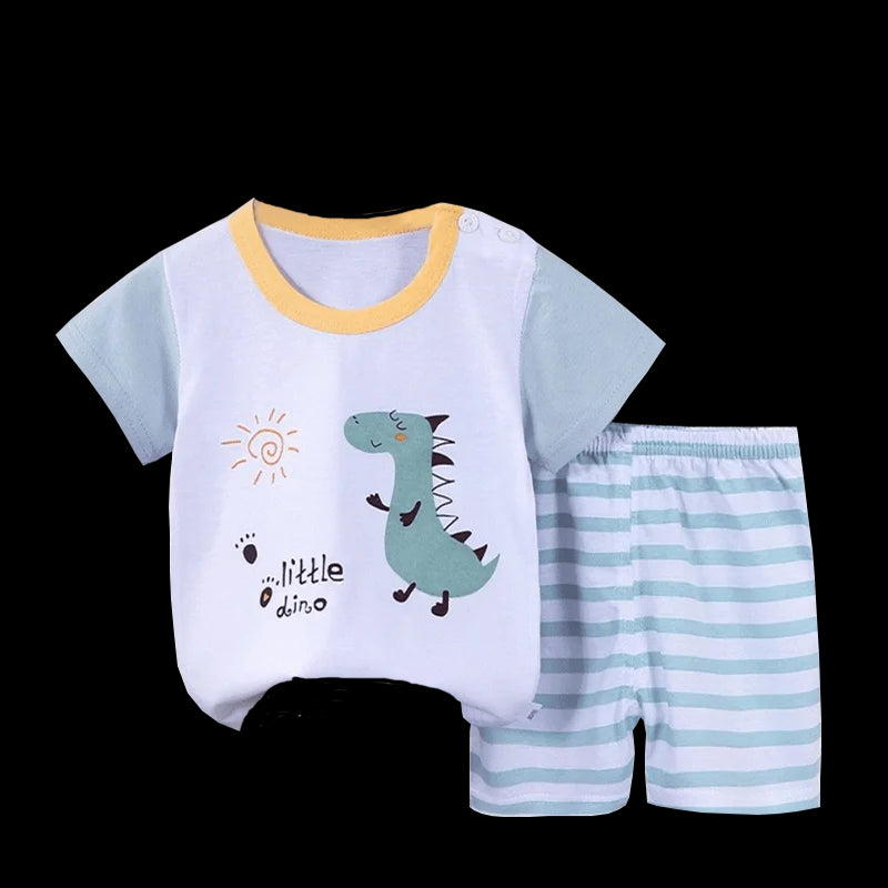 Set Pajamas Summer Kids Baby Boys Girls Cotton Casual Tracksuit Cartoon Dinosaur Clothes Suit