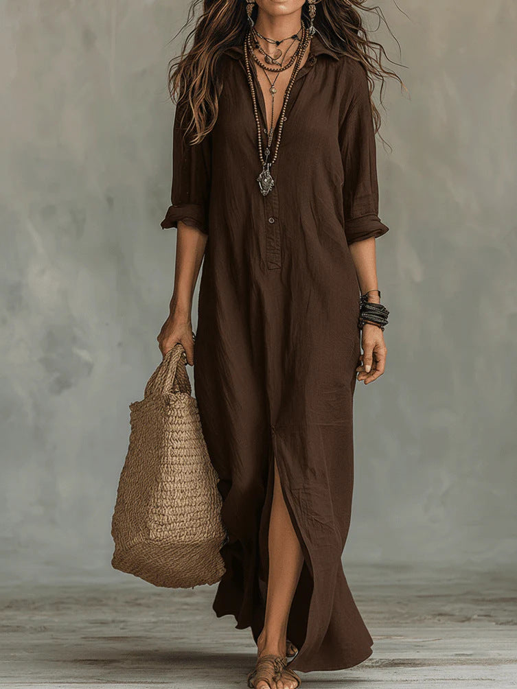 Summer Casual Solid Color Turn-Down Collar Front Slit Long Dress