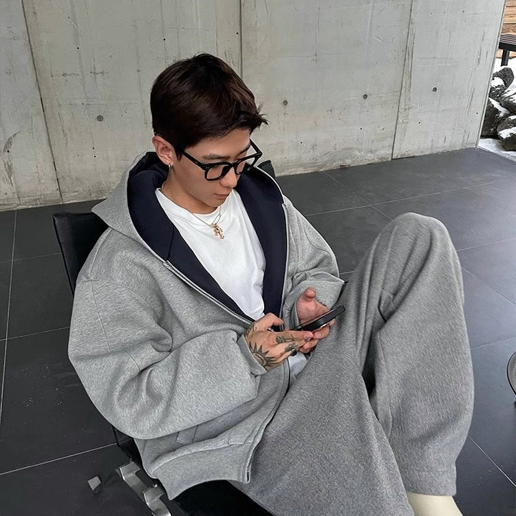 Double zipper hooded sweatshirt jacket for men