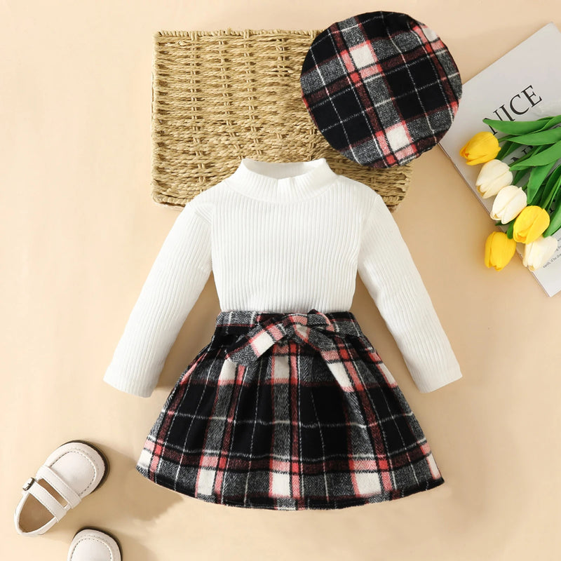 6M-3Y Toddler Infant Newborn Baby Girls Clothes Sets Knit Long Sleeve Tops Plaid Skrits Hat Fall Spring Outfits  D05