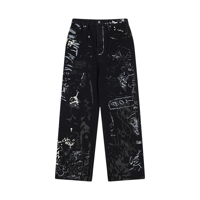 Graffiti washed denim jeans for men and women