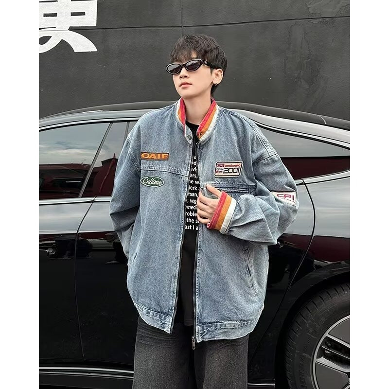 Vintage stand up collar vintage couple denim jacket for men