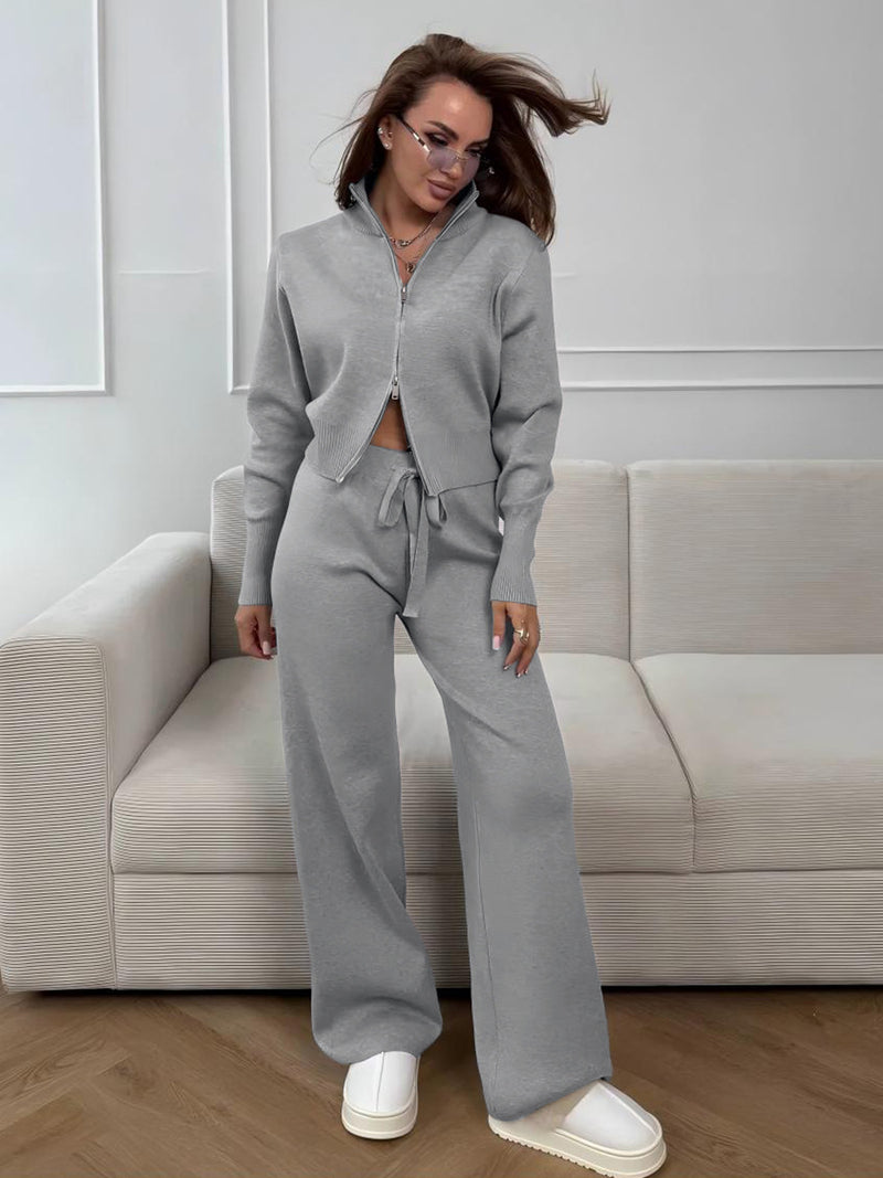 Double zipper knitted slim sweater set