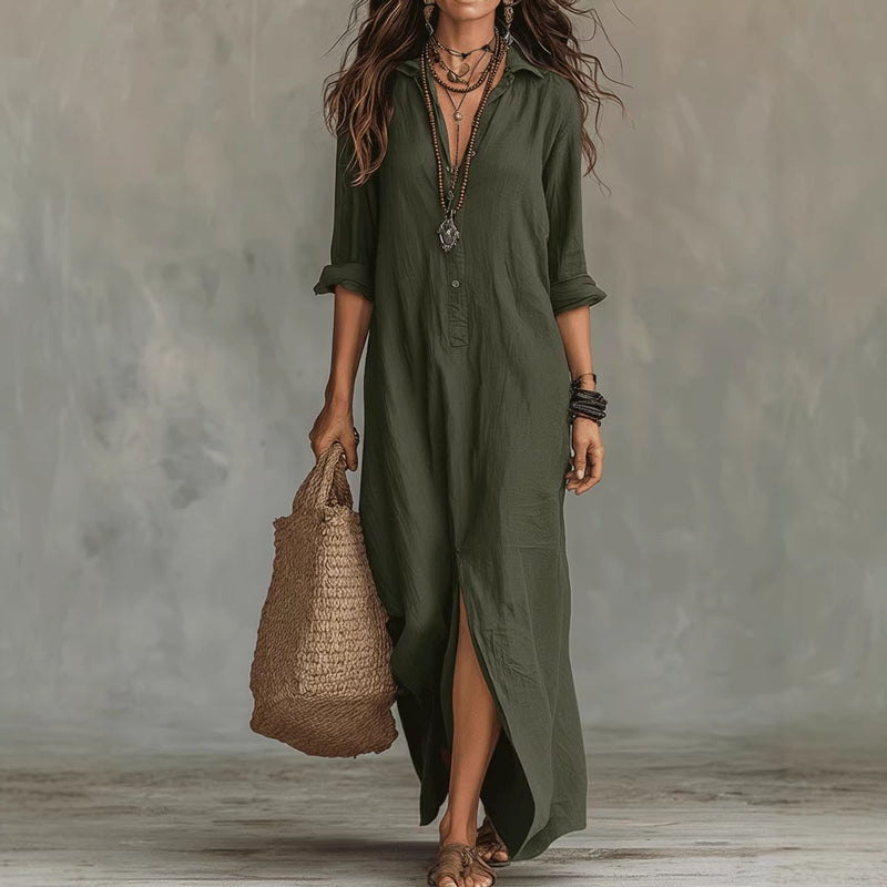 Summer Casual Solid Color Turn-Down Collar Front Slit Long Dress