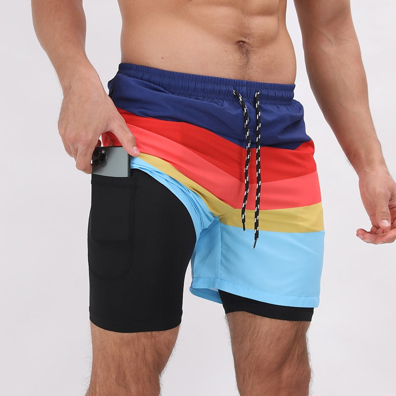Men’s Double-Layer Beach Sports Shorts – Printed Activewear