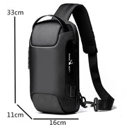 Measurement chart of the sling bag: 33cm height, 16cm width, 11cm depth.