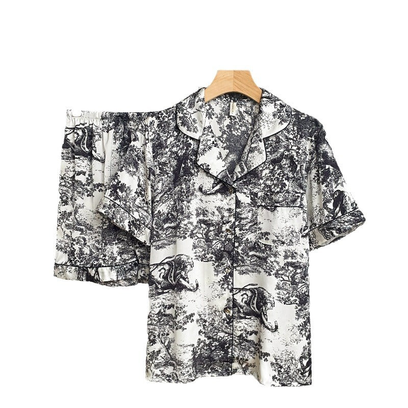 Watercolor Chinese Style Jungle Pajamas for Women, Summer Elegant Short Sleeve Ice Silk Sleepwear Set