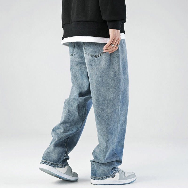Simple solid color jeans for men washed loose straight long pants