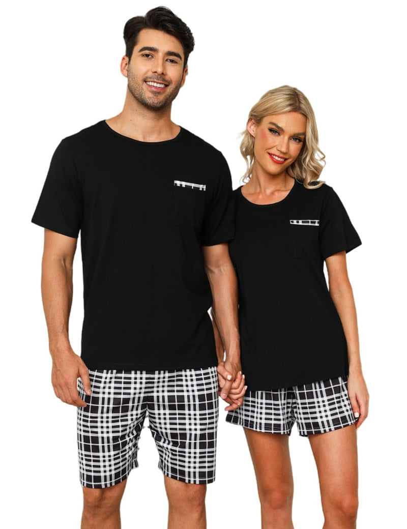 SPKPKEY Matching Pjs for Couples Cotton Pajamas for Men 2 Piece Sleepwear Short Sleeve Lounge Set with Pockets Black XXL