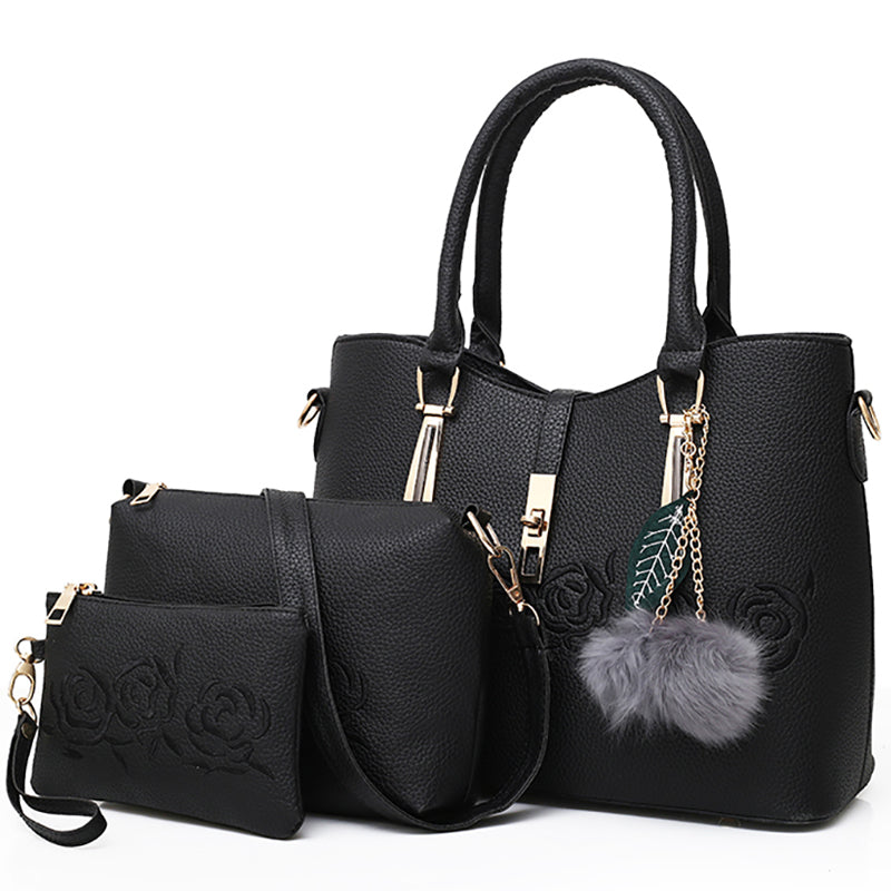 lack 3-piece women’s handbag set with embossed rose pattern, shoulder bag, and wallet
