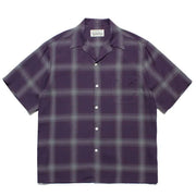 men's plaid short sleeve shirt in dark purple with a relaxed fit and button-up design for casual streetwear.