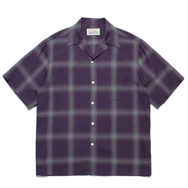 men's plaid short sleeve shirt in dark purple with a relaxed fit and button-up design for casual streetwear.