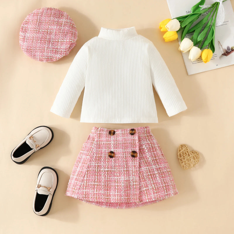 6M-3Y Toddler Infant Newborn Baby Girls Clothes Sets Knit Long Sleeve Tops Plaid Skrits Hat Fall Spring Outfits  D05