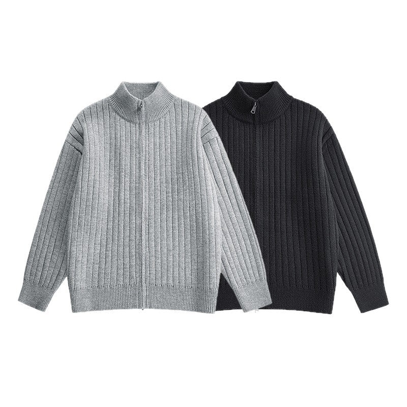 Loose Knit Cardigan for Men with Stand Collar and Solid Color Ribbed Design