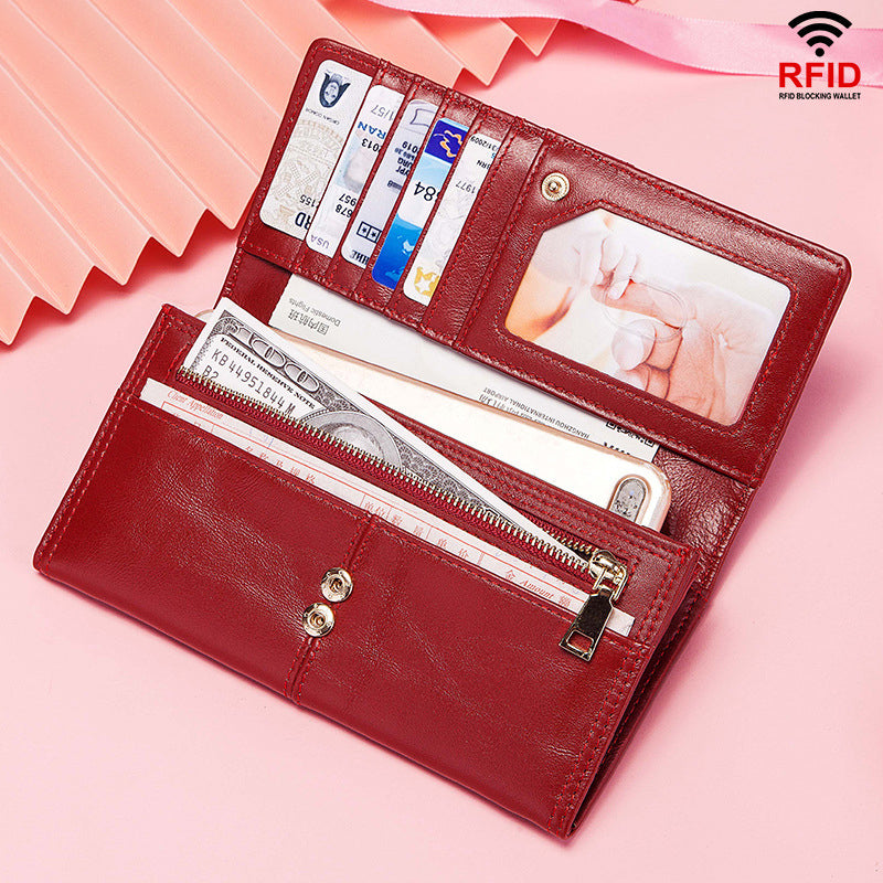 New Leather Ladies Wallet Retro Mobile Coin Clutch RFID Anti-theft Brush Ladies Long Wallet